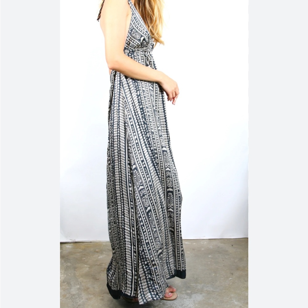 Black and White Patterned V-Neck Maxi Dress